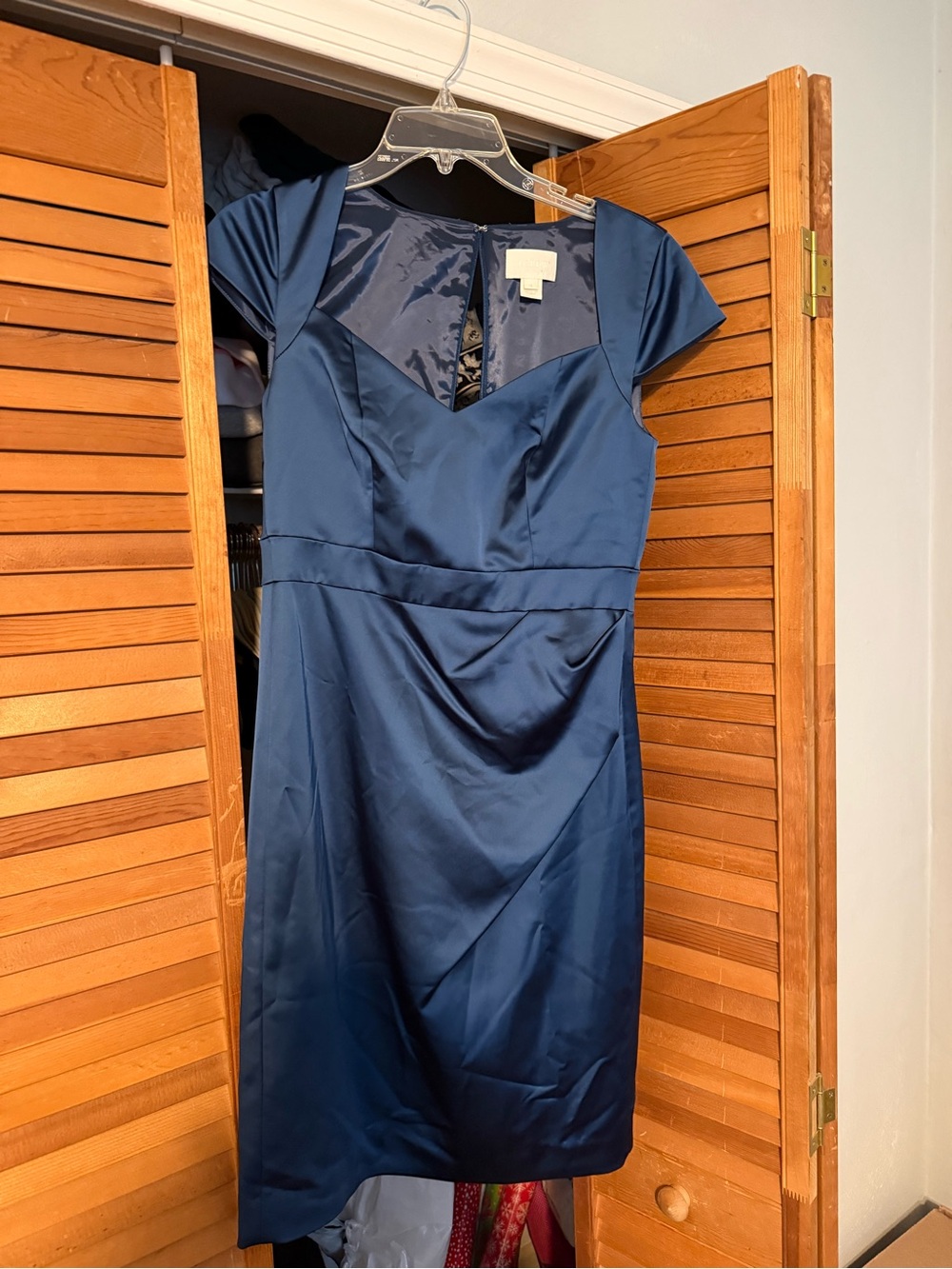 J. Crew Navy Satin Midi Dress with Sweetheart Neckline
